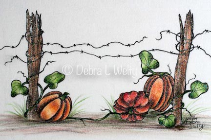Pumpkins and Fence Pen & Ink on Fabric e-Pattern DOWNLOAD