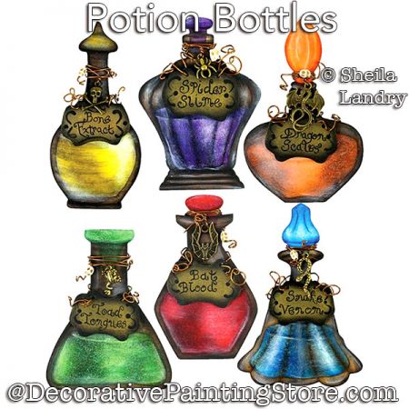 Six Spooky Potion Bottle Ornaments Painting Pattern - Sheila Landry