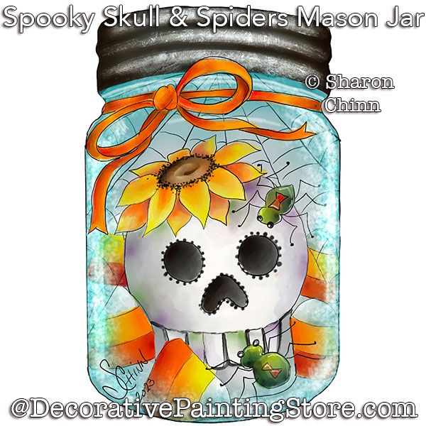 Spooky Skull and Spiders Mason Jar Painting Pattern - Sharon Chinn