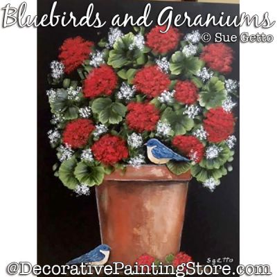 Bluebirds and Geraniums Painting Pattern PDF DOWNLOAD - Sue Getto
