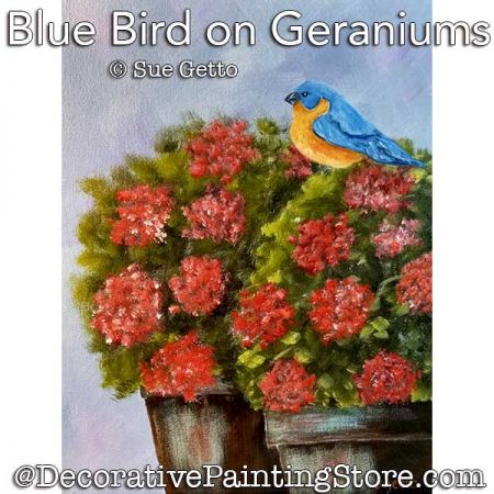 Blue Bird on Geraniums Painting Pattern PDF DOWNLOAD - Sue Getto